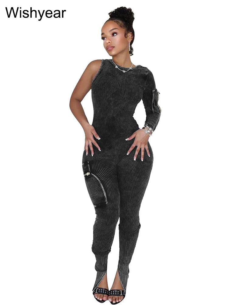 Pocket Single Shoulder Washed Ribbed Jumpsuit