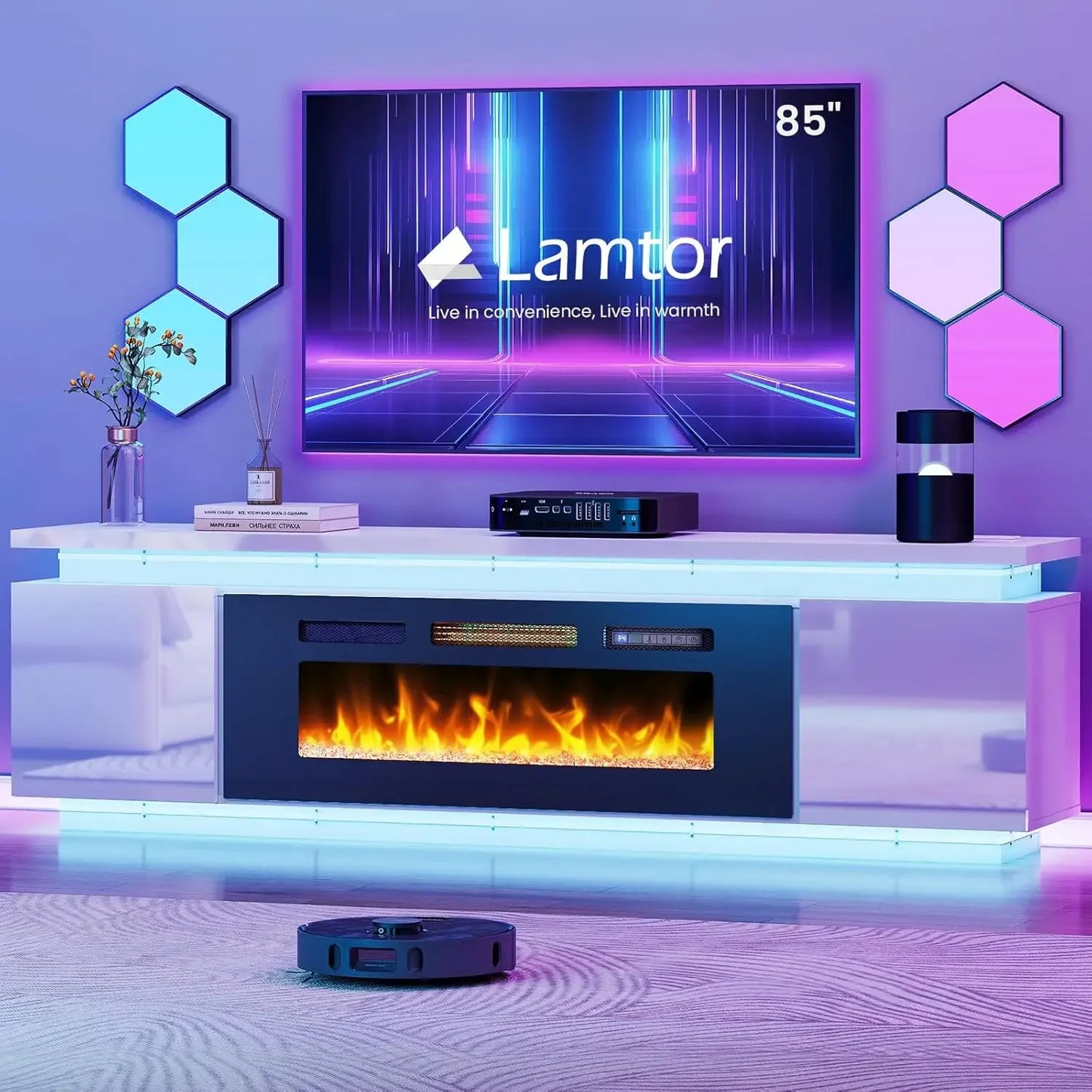 Fireplace TV Stand with LED Light 4 AC Power Outlets, 2 AC, 85 Inch TVs