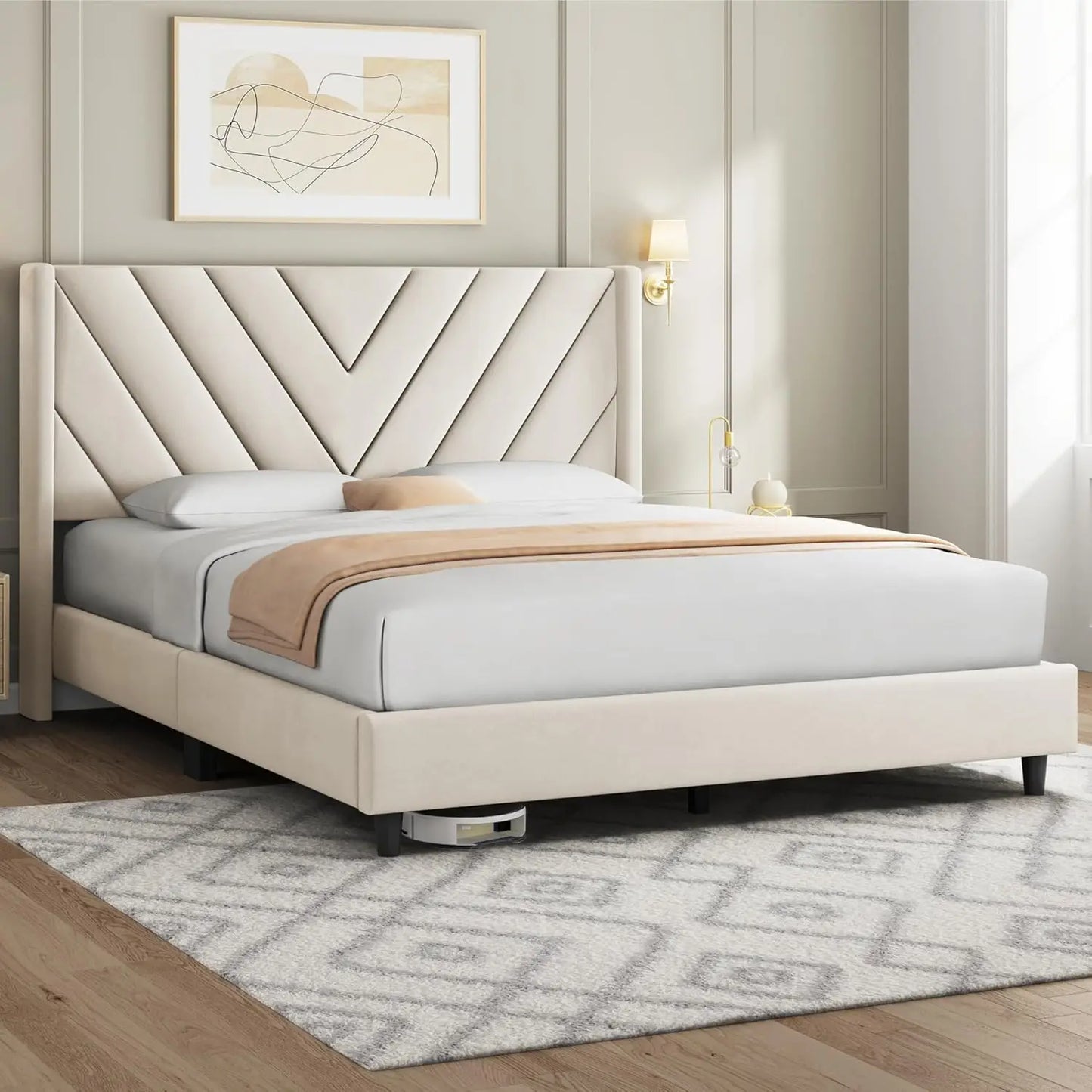 Queen Bed Frame with Upholstered Headboard