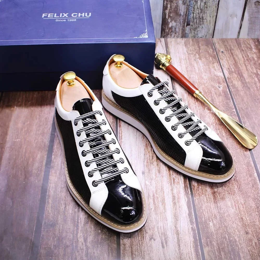 Patent Leather Lace-up Black White Casual Shoes for Men