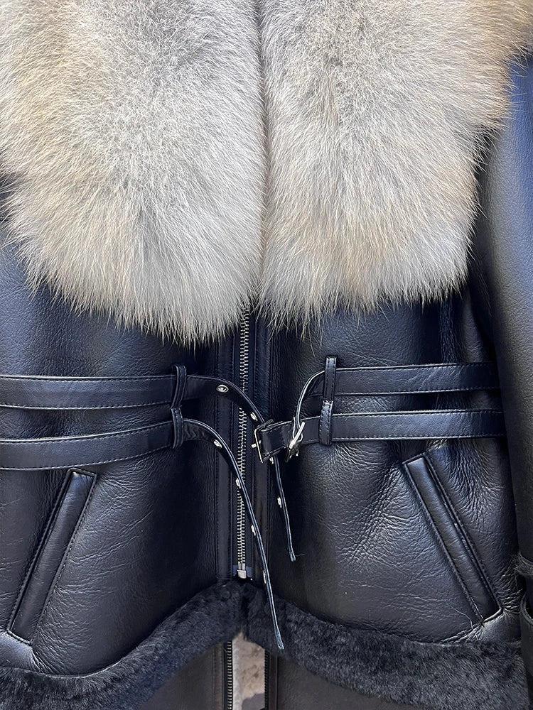 Real Fox Fur Collar Natural Merino Sheep Fur Genuine Leather Jacket