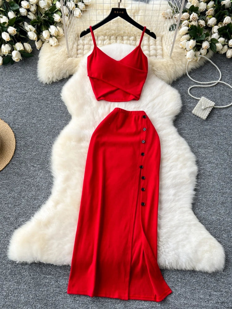 Sexy 2 Piece Crop Camis Top and Split Long Skirt