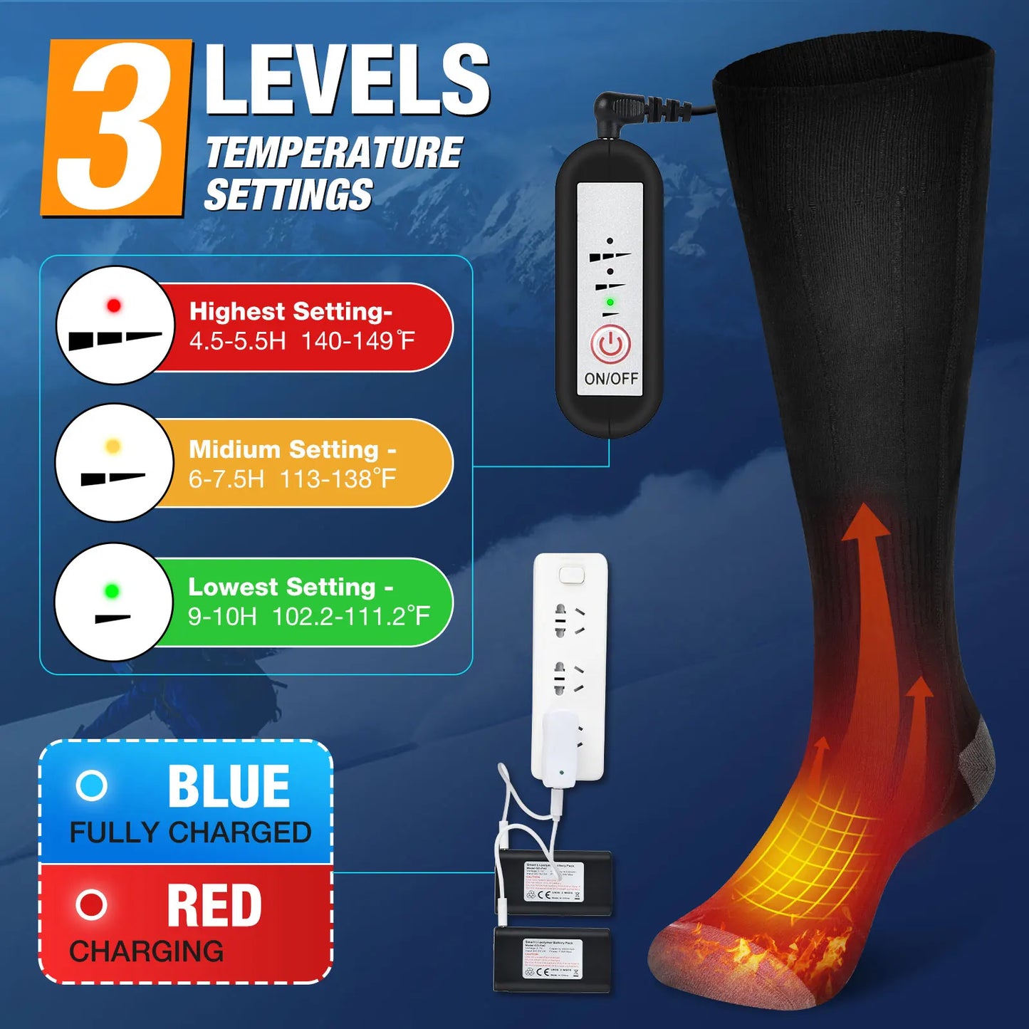 Electric Heated Socks with Adjustable 3 Temperature Settings