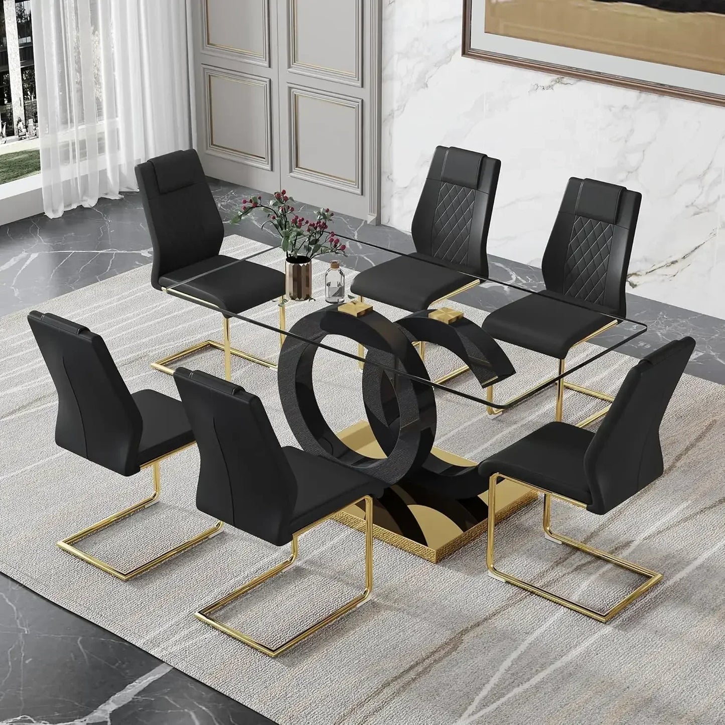 63”Glass Dining Table Set 0.39”Tempered Glass Rectangular Table with Chairs Set of 6