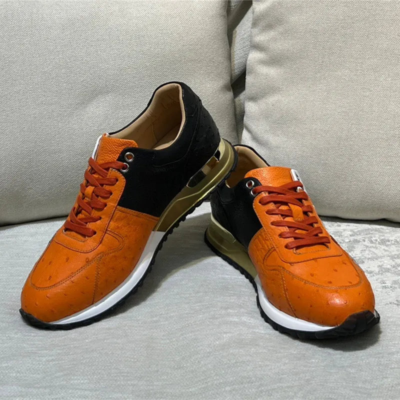 Authentic Real Ostrich Skin Mixed Orange Lace-up Sneakers