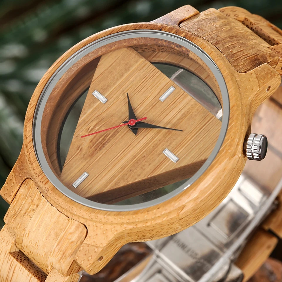 Geometric Bamboo Wooden Quartz Wristwatch