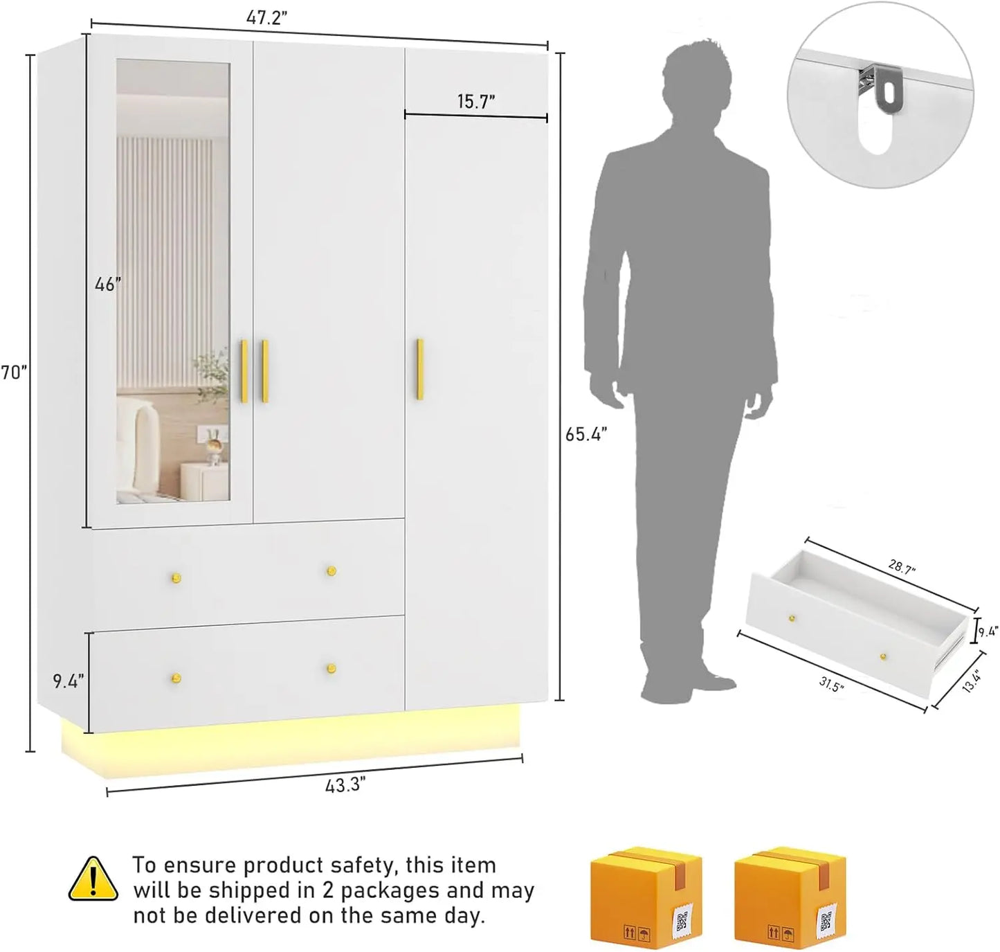 3 Door Wardrobe Closet with Mirror LED