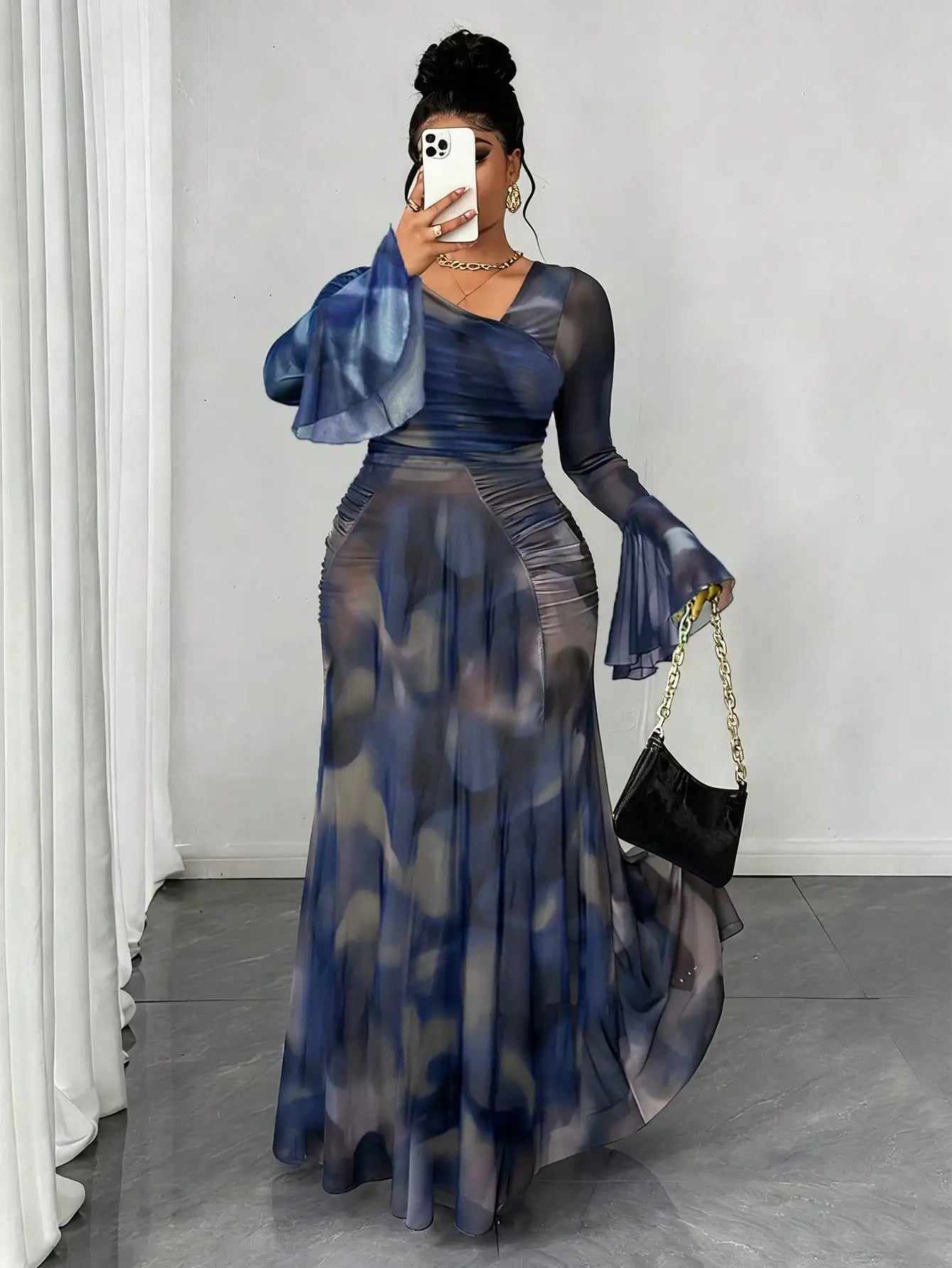 Plus Size Semi-Sheer Long Sleeve Maxi Dress