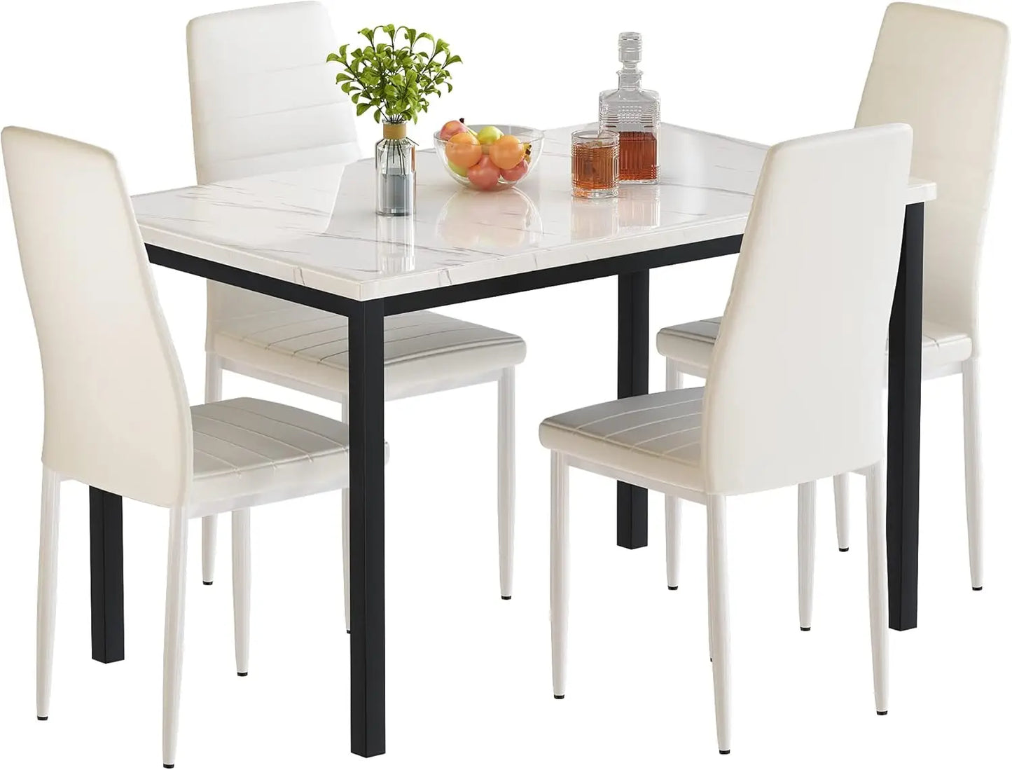 5 Piece Dining Set Faux Marble Table and 4 Faux Leather Upholstered Chairs