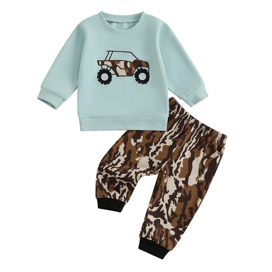 Boys Crew Neck Sweater Camo Jogger Pants 2 Piece Outfit Set