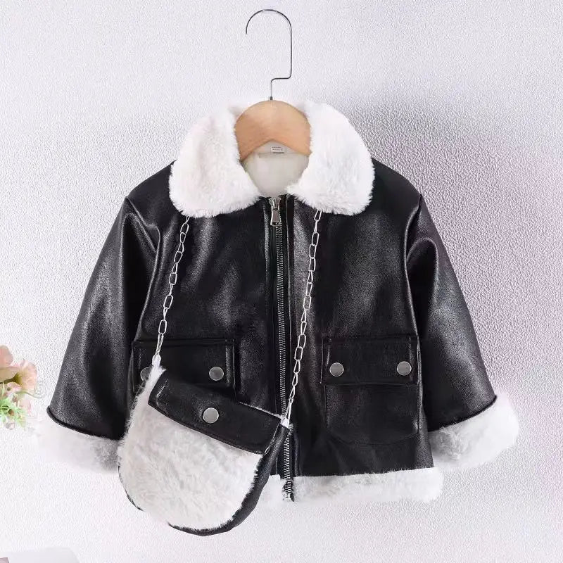 Girls PU Leather Jacket Thicken Faux Fur