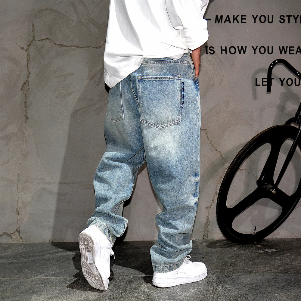 High quality vintage light blue baggy jeans men clothing korean fashion Denim cargo pants streetwear Skateboard trousers male