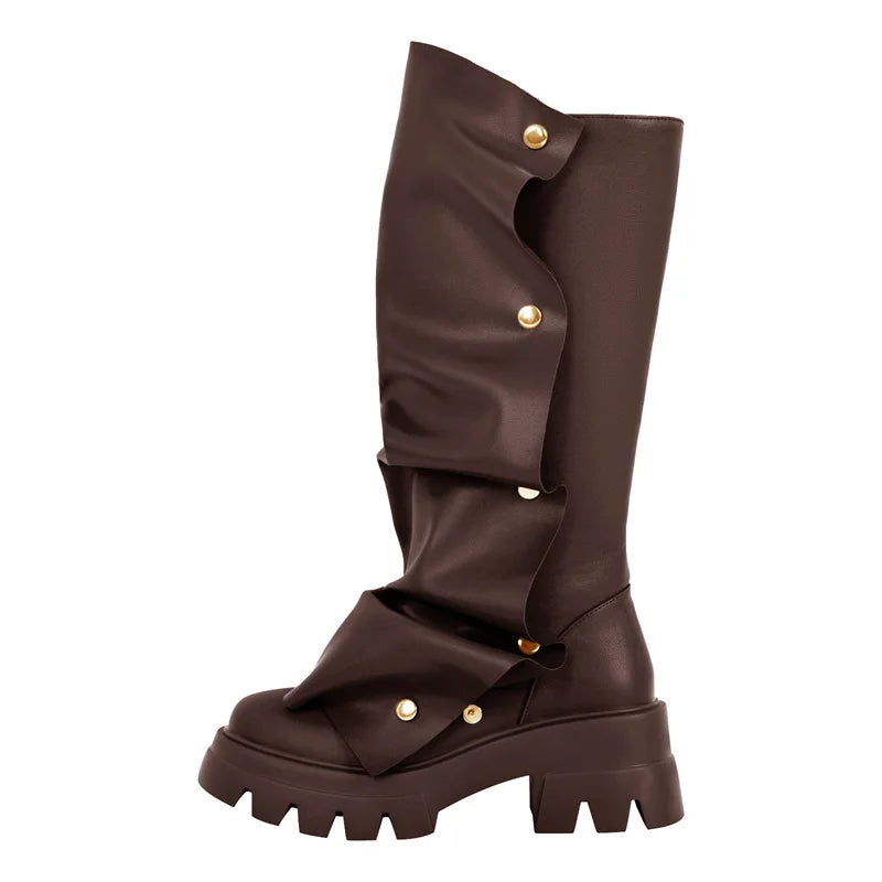 Plaftorm Red Fold Over Boots Block Heel Round Toe