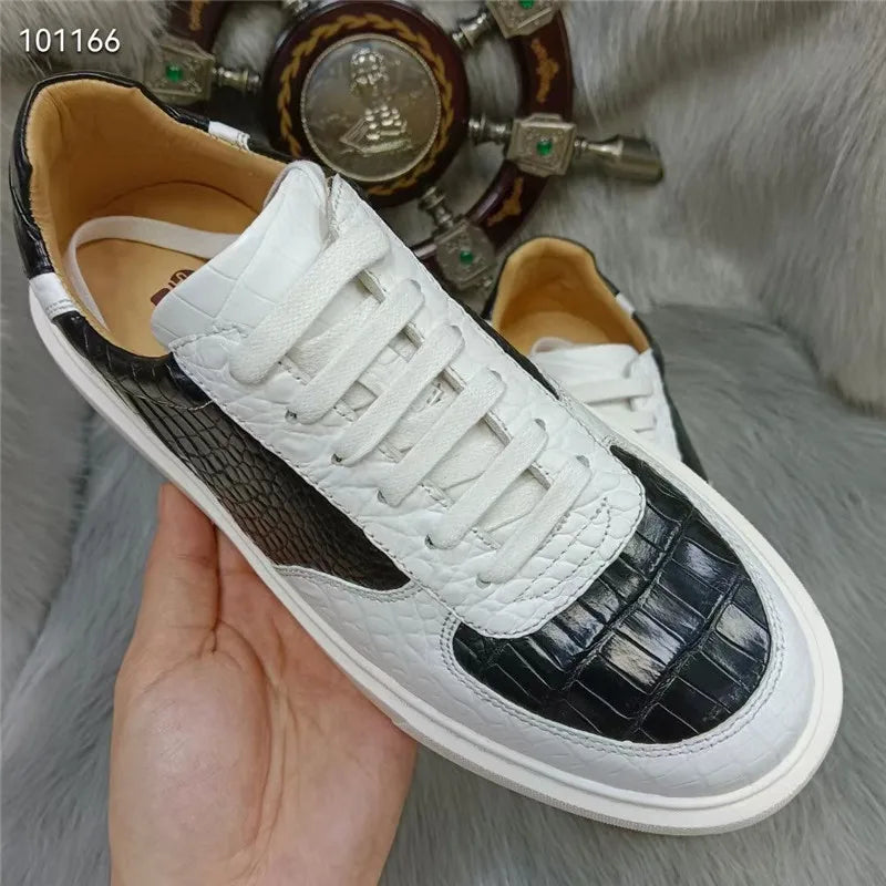 Authentic Exotic Crocodile Skin Black White Color Casual Board Shoes