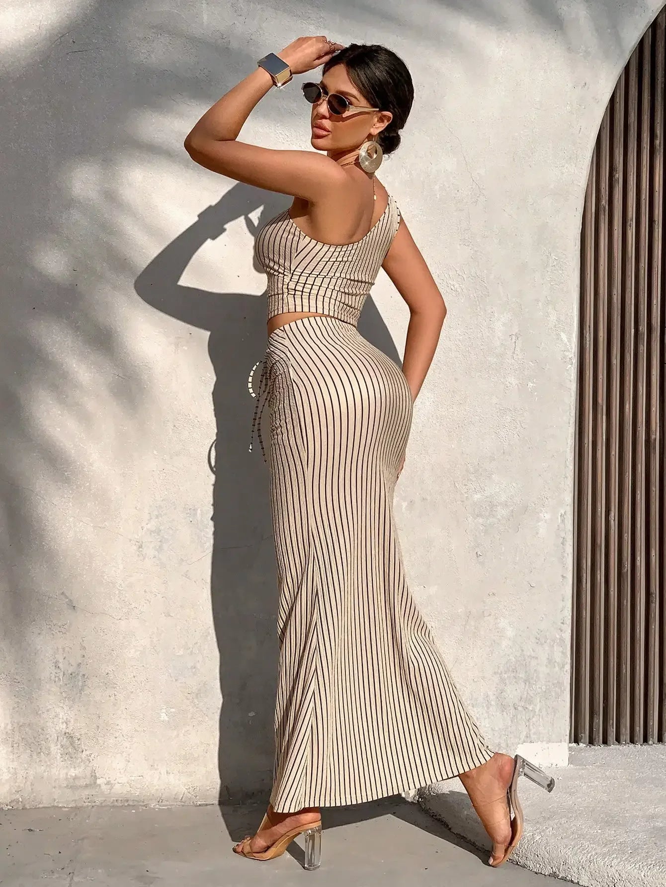 Stripe Top and Pleated Mermaid Skirt Two-Piece Set