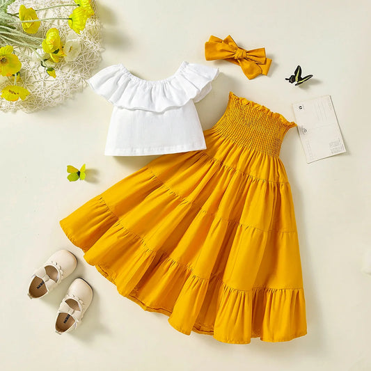 Baby girls clothing off the shoulder top with yellow skirt children's summer trendy suit fashion girl two pcs set