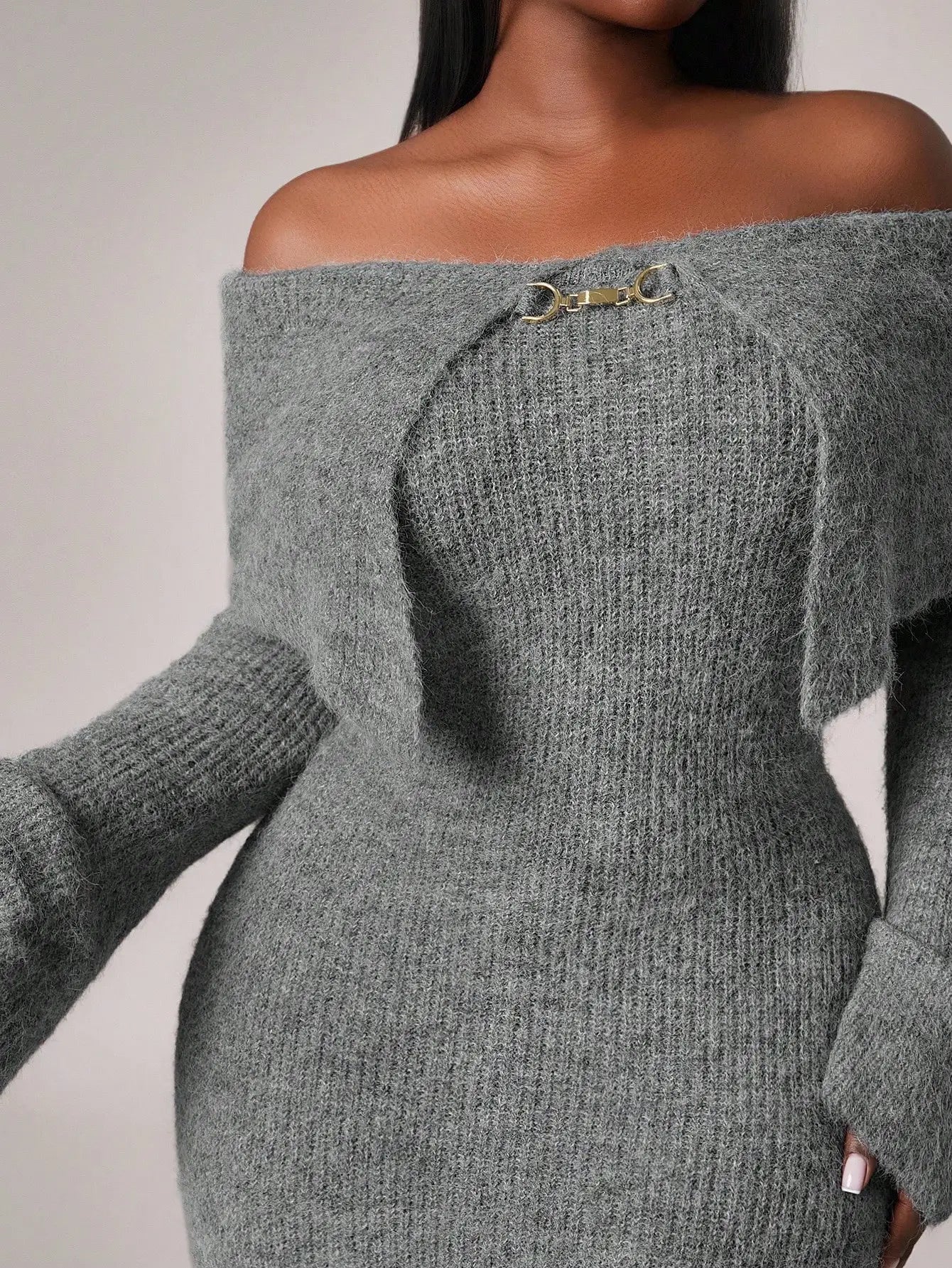 Plus Size Off-Shoulder Knit Dress with Flared Sleeves