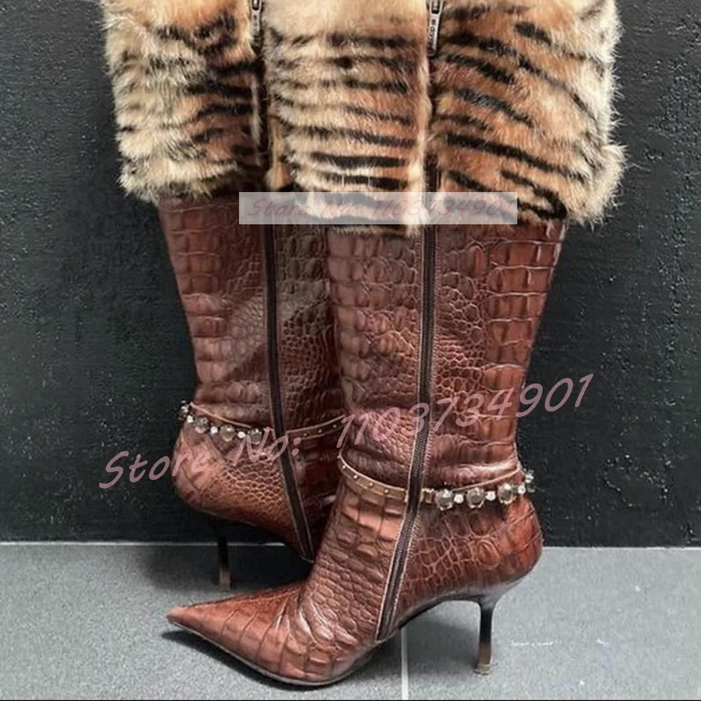 Crocodile Tiger Pattern Furry Retro Heeled Boots