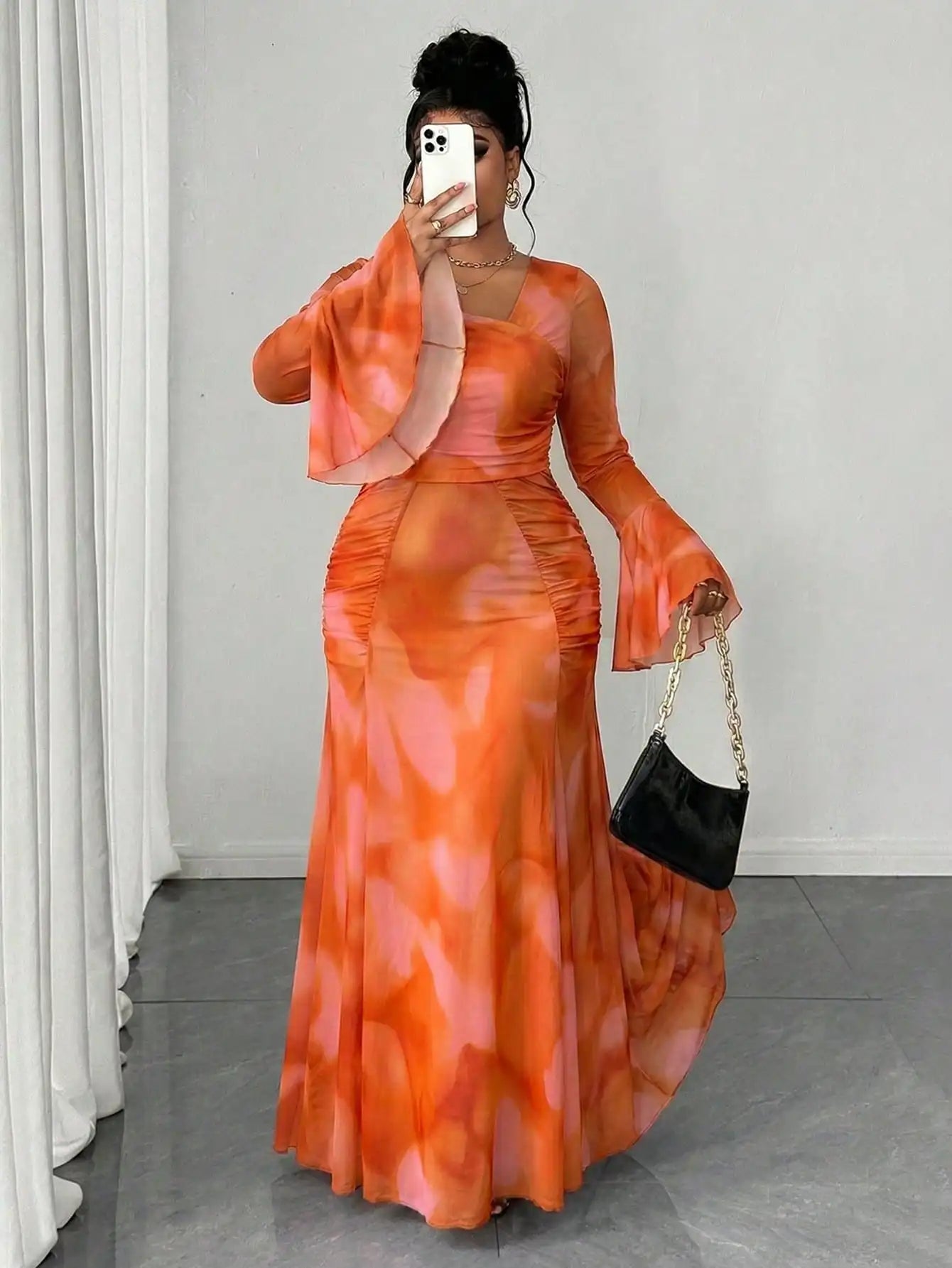 Plus Size Semi-Sheer Long Sleeve Maxi Dress