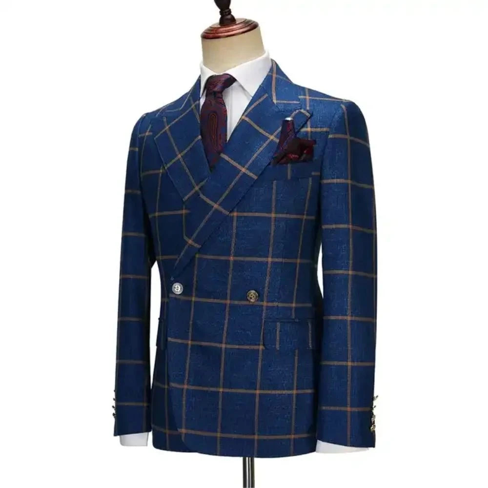 Men Suit 3 Pieces Set Fashion Plaid Peak Lapel