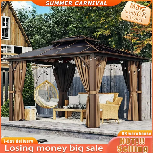 10' x 10' Gazebo Polycarbonate Frame Permanent Pergolas with Curtains and Netting