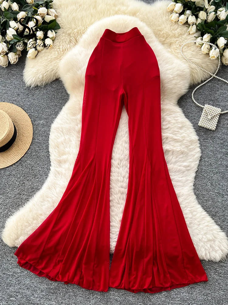 Sheer Mesh Stretchy Flare Pants