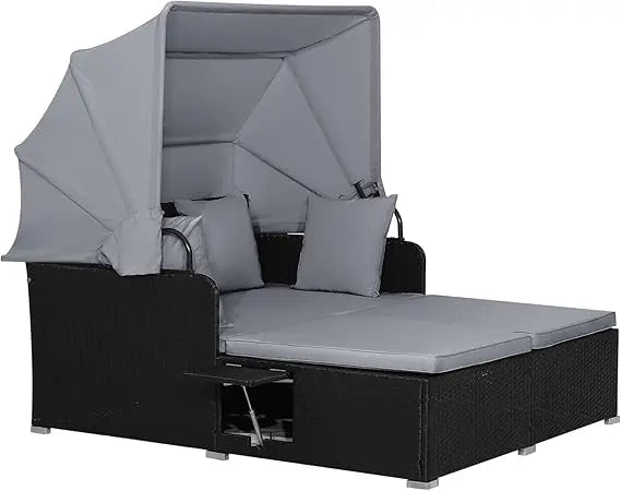 Outdoor Wicker Sunbed w/Cushions, 4 Pillows & 2 Retractable Side Trays