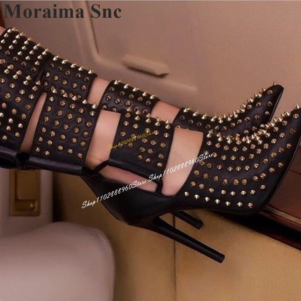 Mid Calf Black Rivet Decoration Sandal Boots