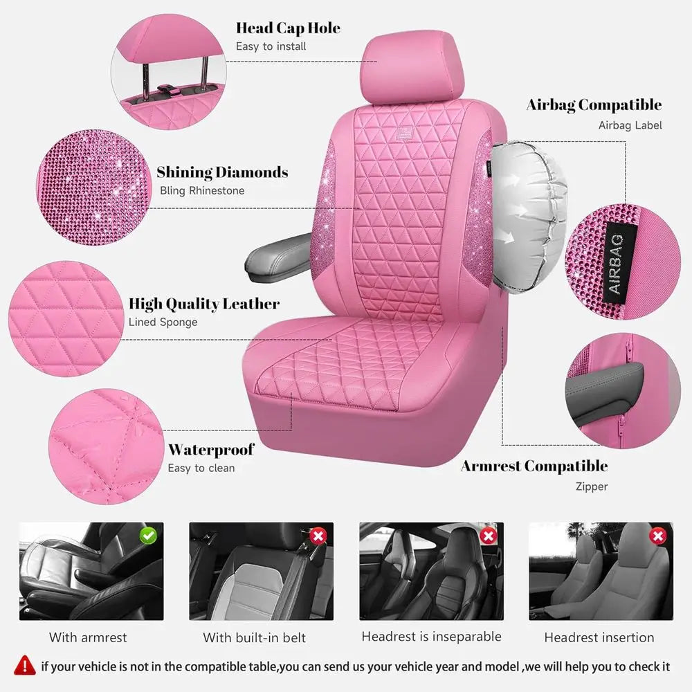 Glittering Pink Diamond Leather Car Seat Covers