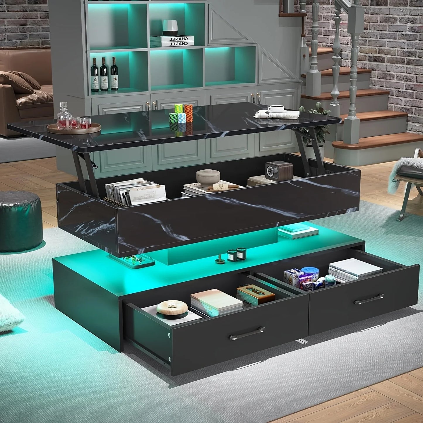 40-Inch Lift-Top Coffee Table with Two Drawers and LED Lighting