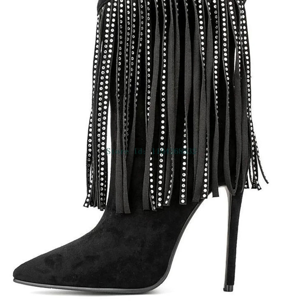 Crystal Rhinestone Tassel Ankle Boots Sexy Pointed Toe Stiletto