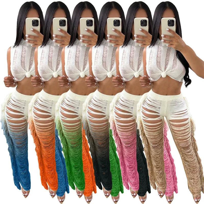 Gradient Color Crochet Two Piece Crop Top and Wide Leg Pants