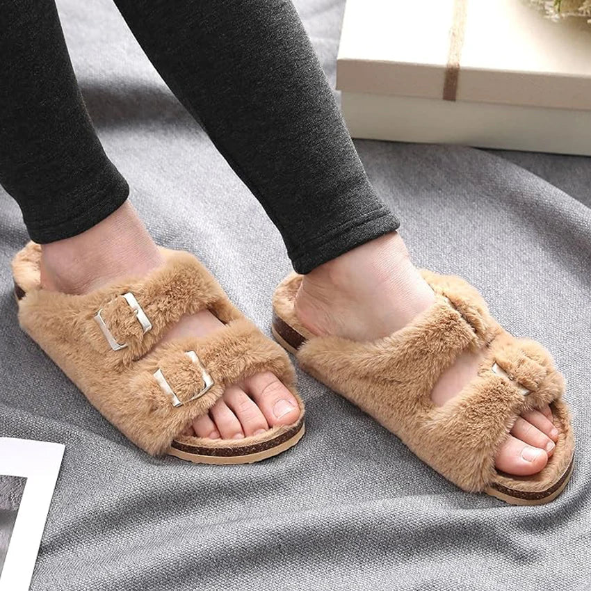 Fluffy Sandals Open Toe with Adjustable Buckle