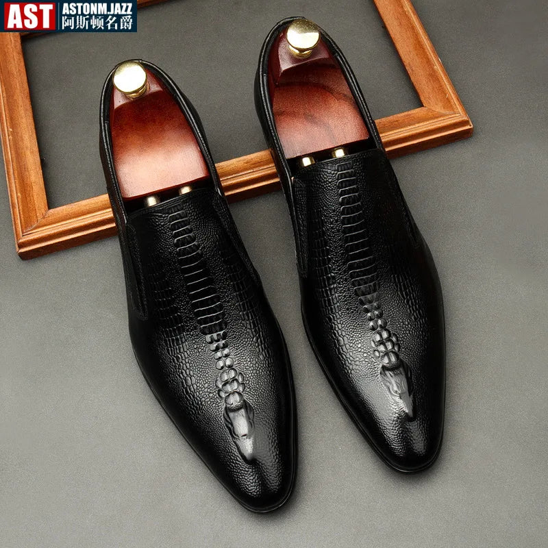 Handmade Genuine Leather Crocodile Pattern Loafers