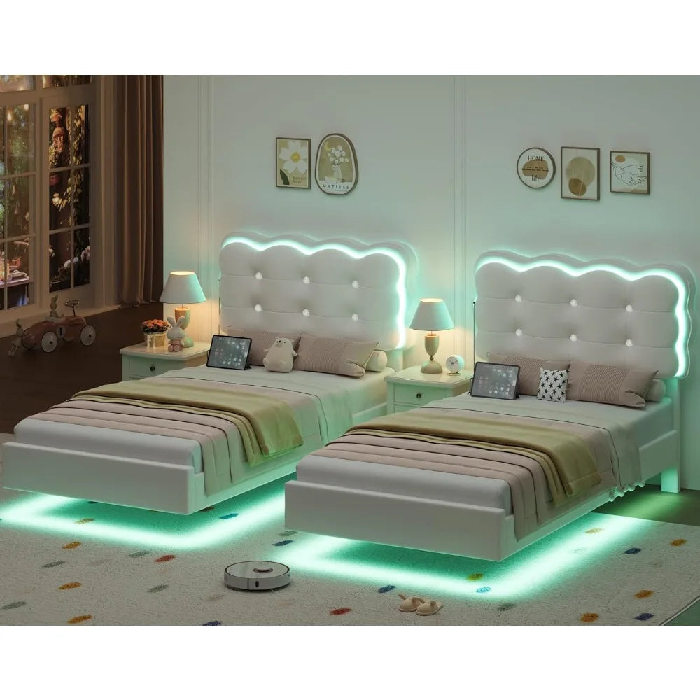 HIFIT 2 Set Upholstered Twin Size LED Bed Frame with Charging Station