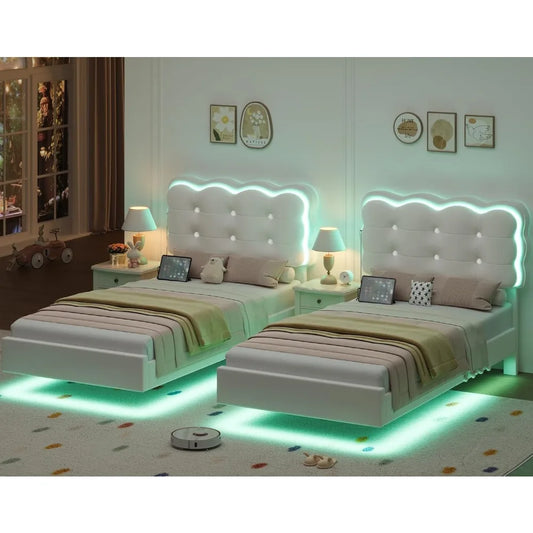 HIFIT 2 Set Upholstered Twin Size LED Bed Frame with Charging Station