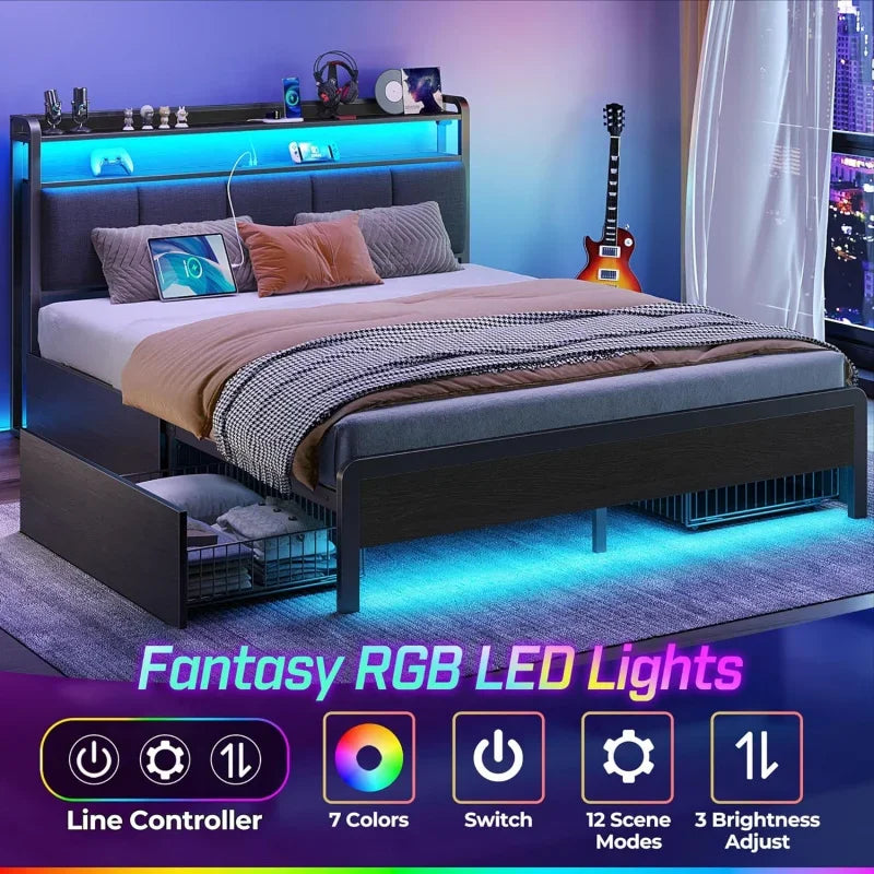 Bed Frame Queen Size with Charging Station and LED Lights, Upholstered Storage, Drawers