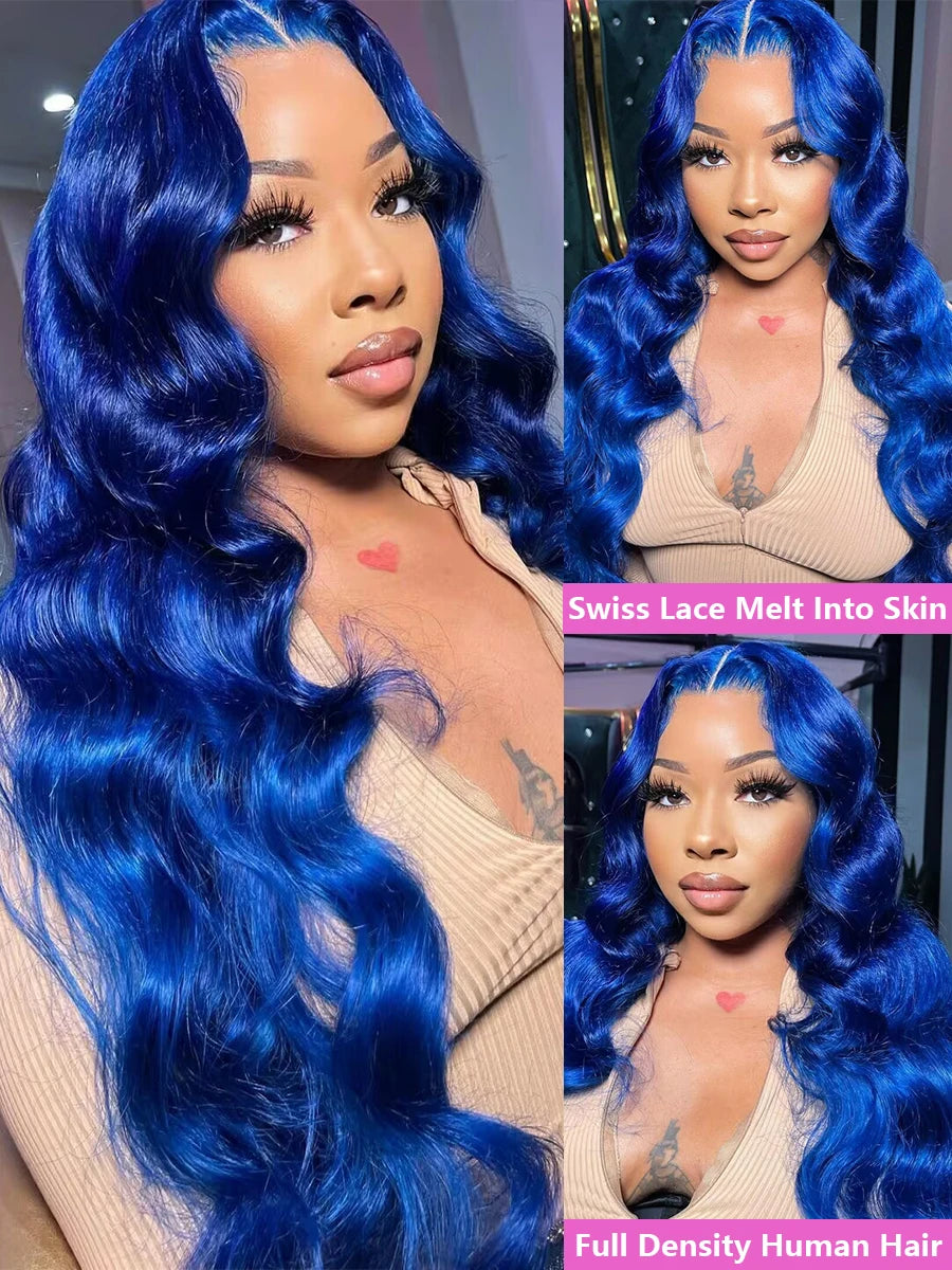 Blue 13x4 Body Wave Human Hair Brazilian Blue Colored HD Lace Front Wig