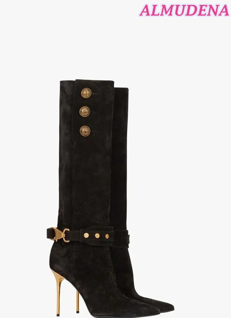 Suede Metal Buckled Pointed Toe Leather Knee High Boots