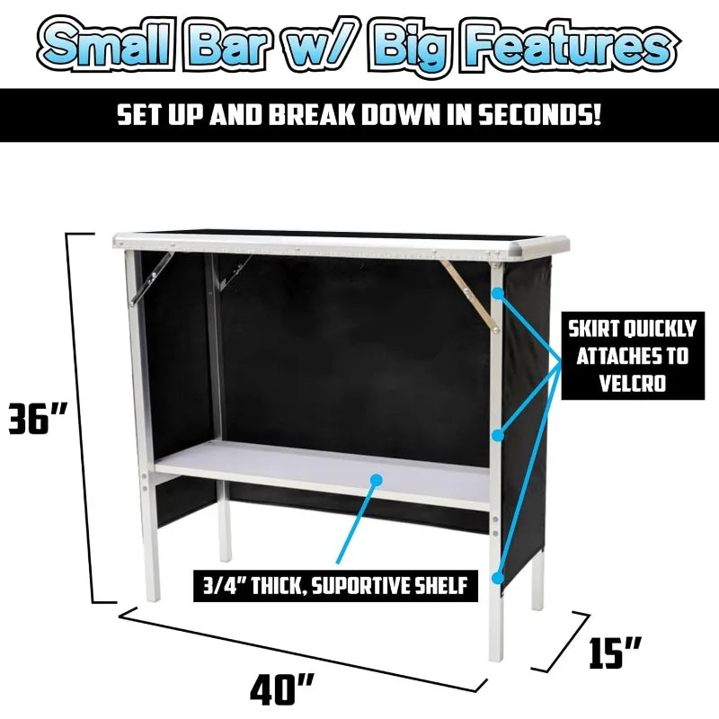 Folding Portable Bar w/LED Lights, Remote, 2 Bar Skirts, & Carrying Case