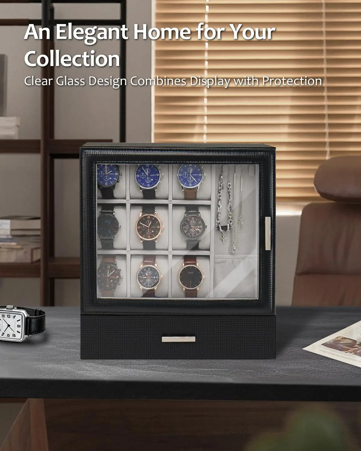 9-Slot Leather Watch Box with Glass Lid and Drawer