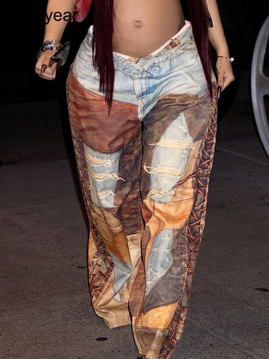 Women's Patchwork Mid Waist Wide Leg Pants
