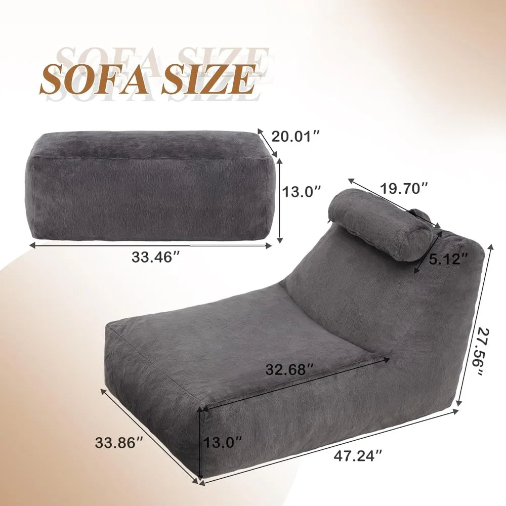 Large Lazy Beanbag Sofa with Neck Roll & Ottoman