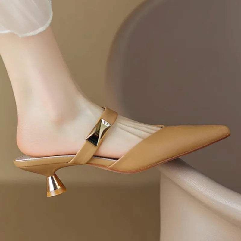 Leather Heeled Slides Sexy Pointed Toe High Quality