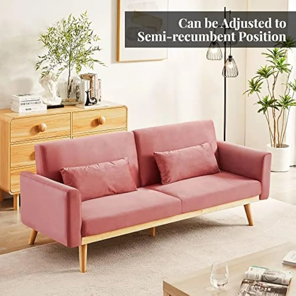 Pink Velvet Futon Sofa Bed Memory Foam with Pillows