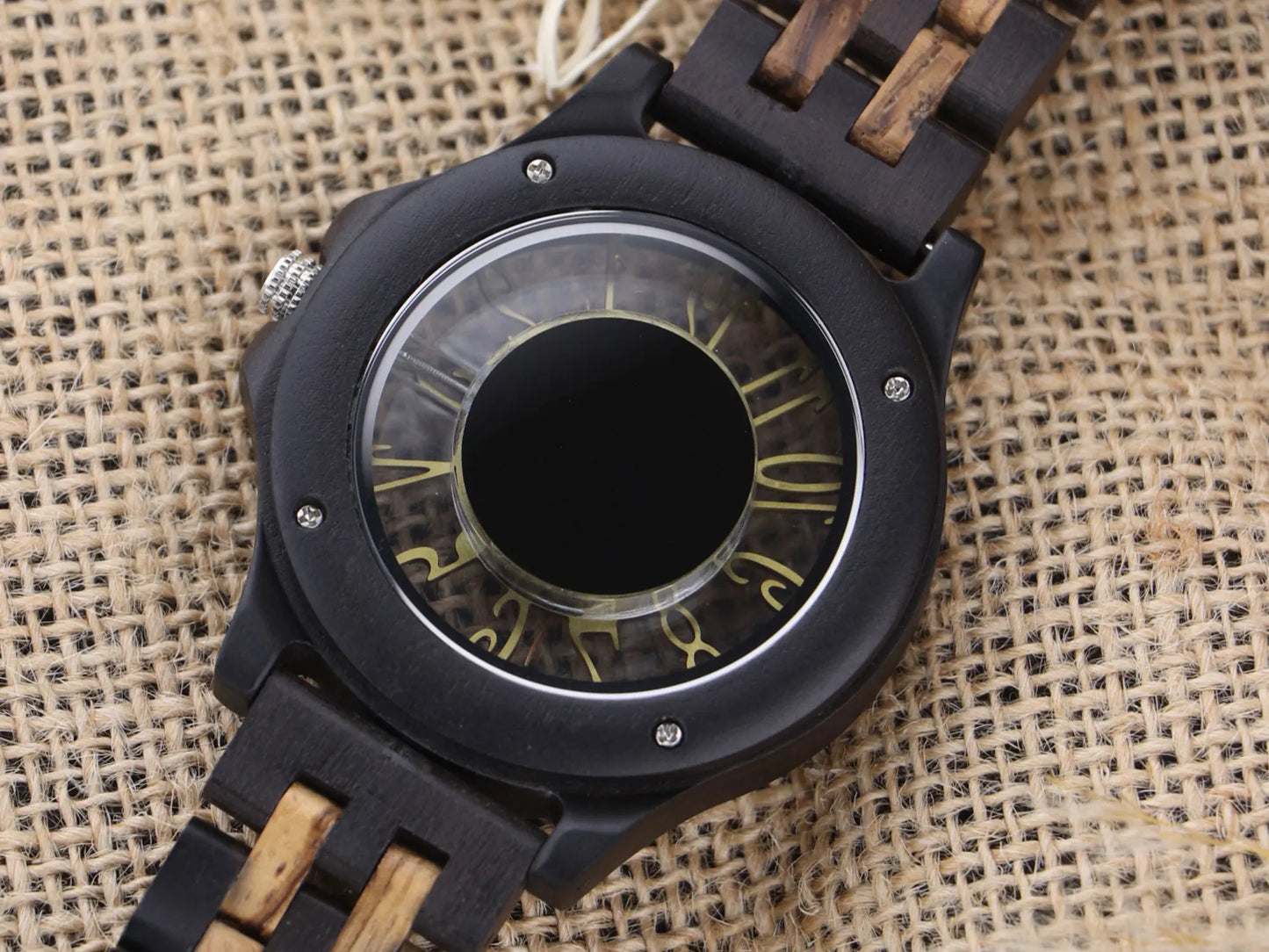 Zebra Wood Hollow Dial Wooden Band Wristwatch