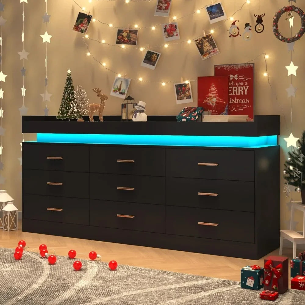 Modern Dresser 9 Drawer with LED Lights
