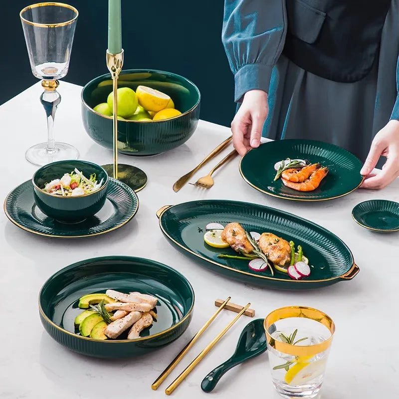 Green Porcelain Dinner Ceramic Dishes Set