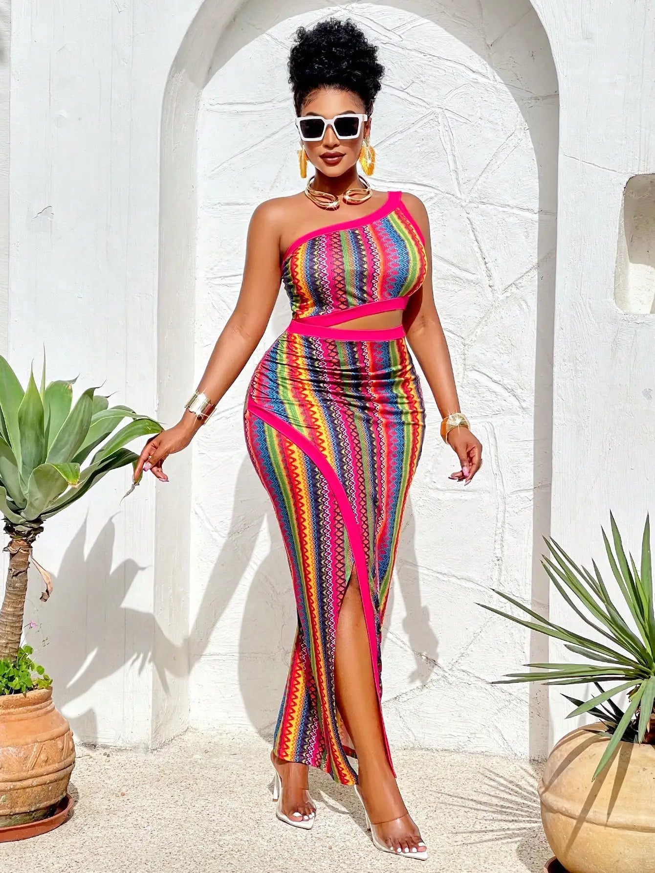 Plus Size Colorful One-Shoulder Maxi Dress