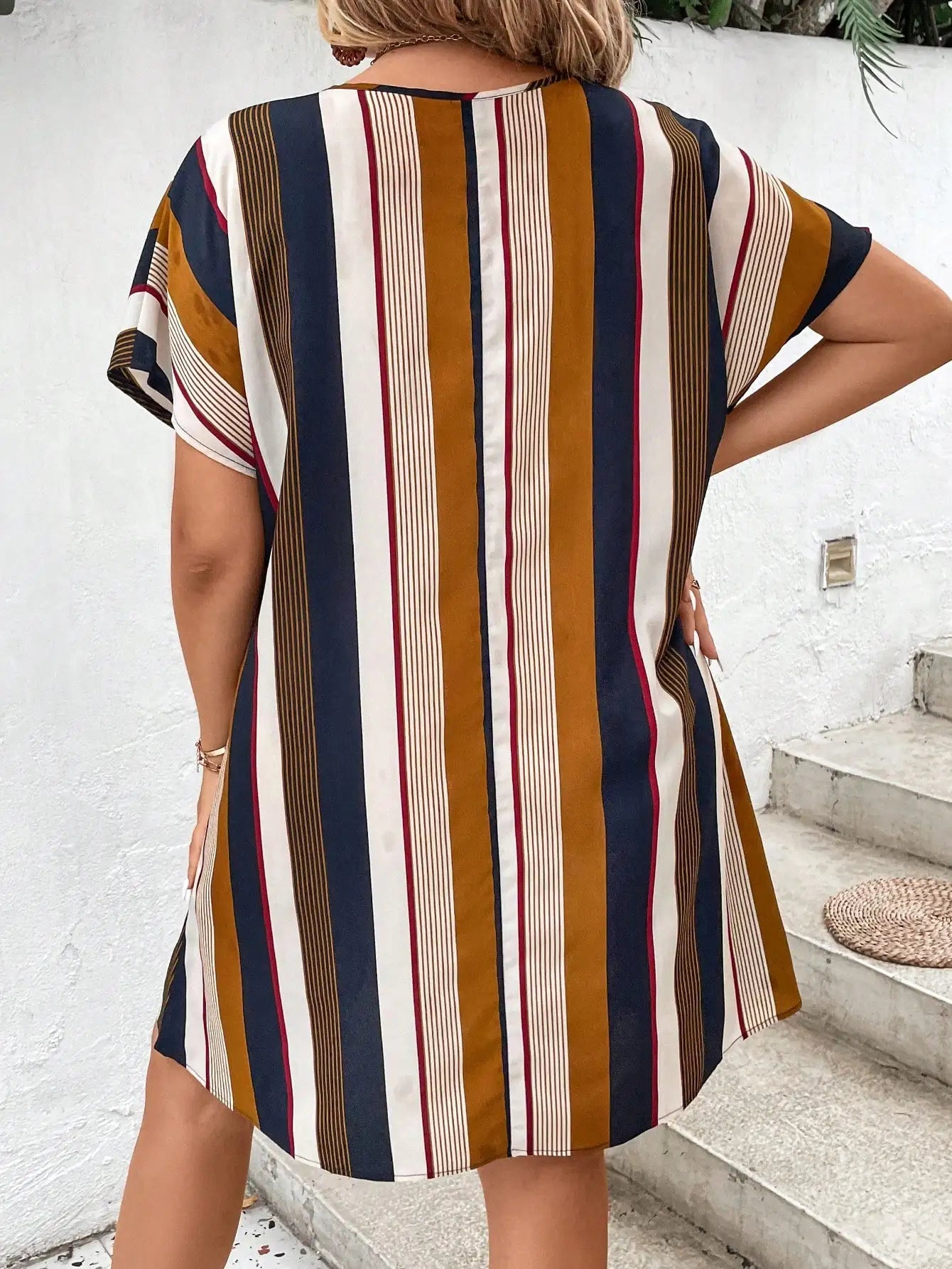 Plus Size Women Striped V-Neck Loose Casual Dress
